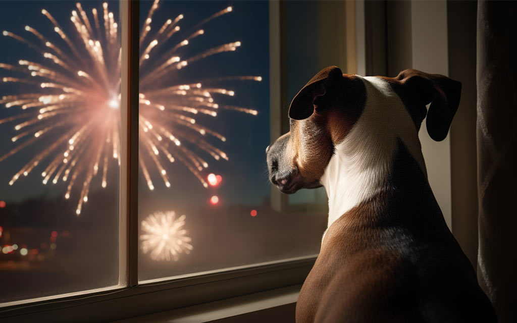 pet olhando fogos de artifício nas festas de fim de ano